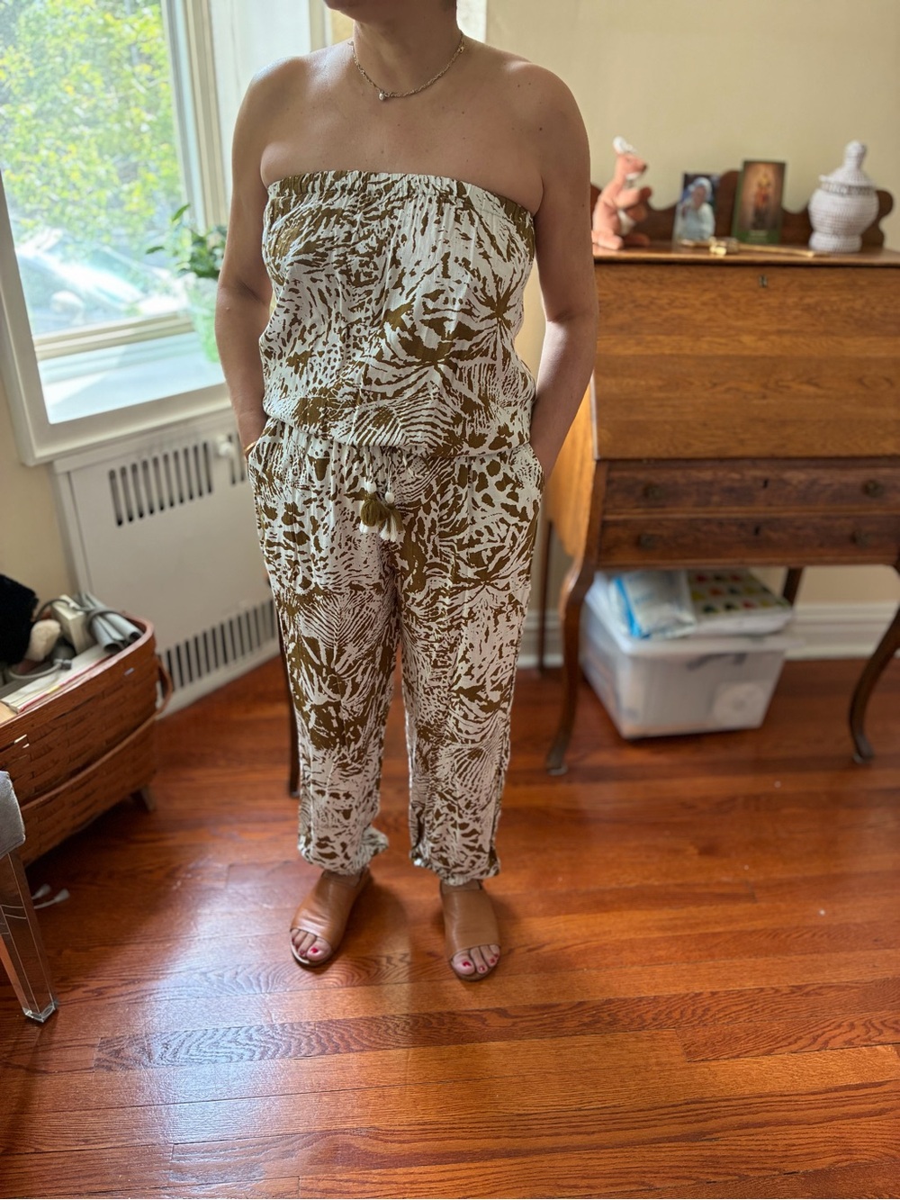 Strapless Tropical Print Jumpsuit in Olive and Cream by Blue Island